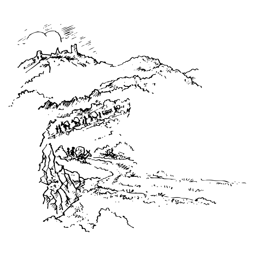 Zeichnung von der Madenburg und den Bergwegen, auf denen die Esel zum Transport der Steine zu sehen sind.